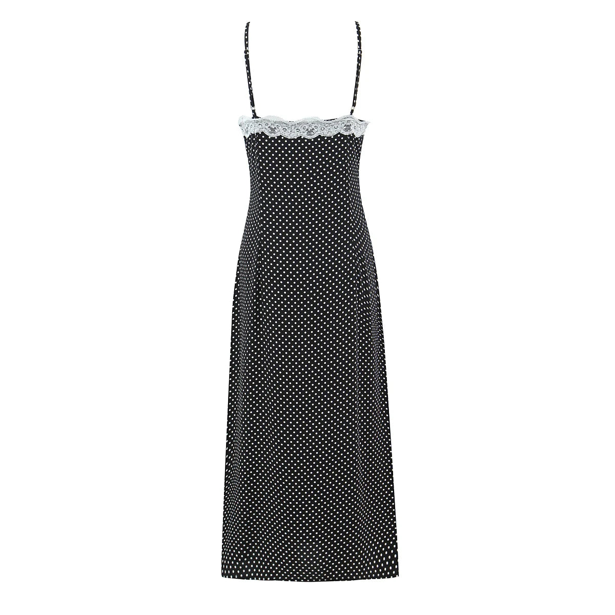 LIZAKOSHT  -  Retro French Style Black white Polka Dot Print Spliced Lace V Neck Chest Sling Midi Dress Women Backless Dresses Vestidos Femme