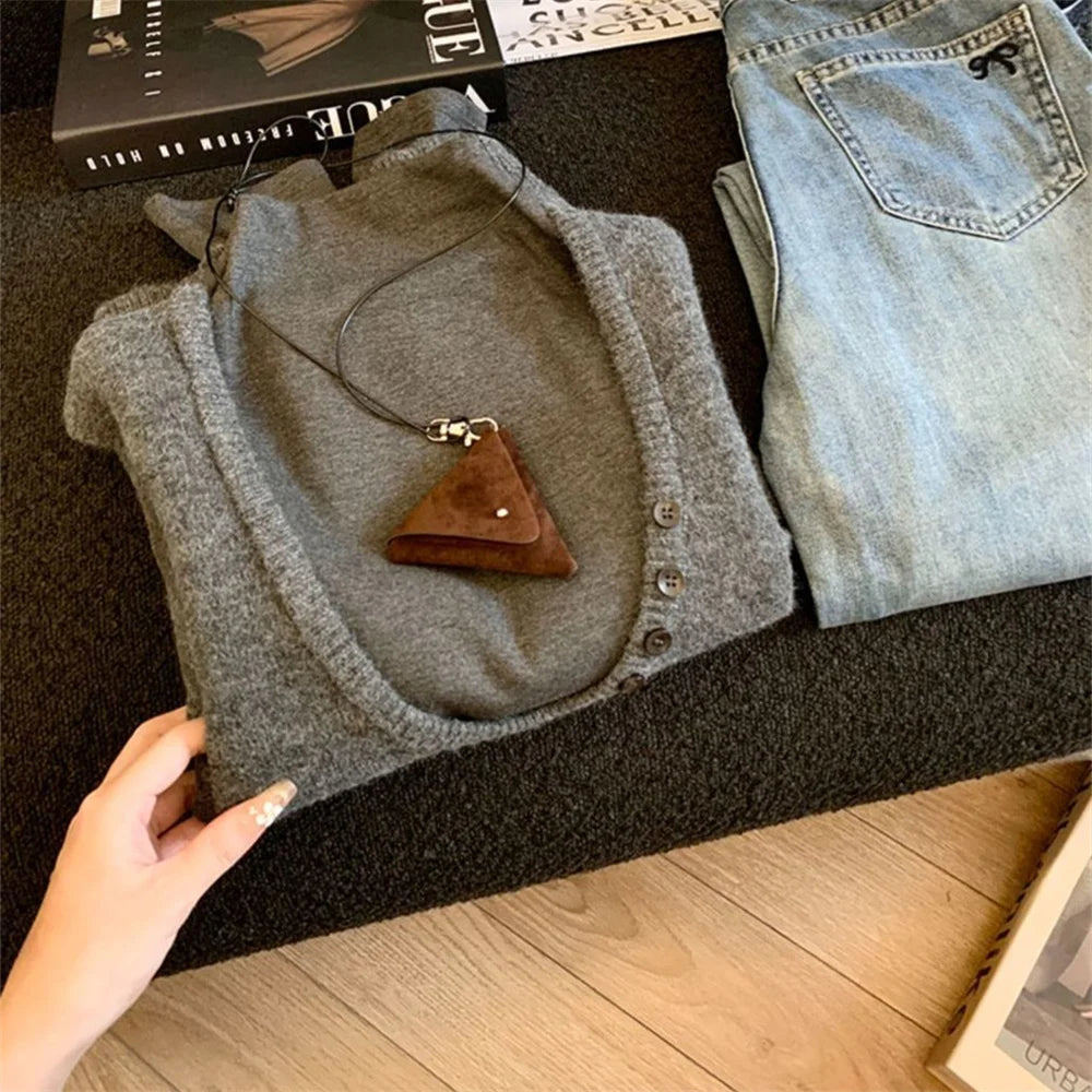LIZAKOSHT  -  Autumn Winter Casual Sleeveless Gray Knitting Vest Korean Style Elegant Clothing Female Tops Women's Fashion Knitted Vest
