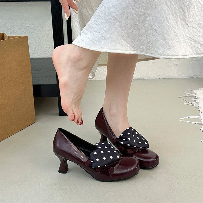 LIZAKOSHT  -  Vintage Polka Dot Thick Heel Women Mary Jane Shoes Outdoor Slip On Pumps Spring Autumn Eelgant Dress Leather Single Shoes
