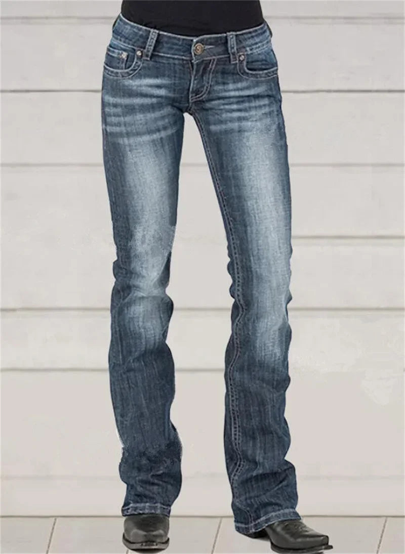 LIZAKOSHT  -  Low-waisted Women Flared Jeans Fashion Vintage Whitish Blue Washable Denim Pants Slim Fit Trousers Female Chic Casual Streetwear