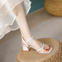 LIZAKOSHT  -  cross band high heels sandals women thick heel summer shoes solid color ankle strap gladiator sandalias de tacón