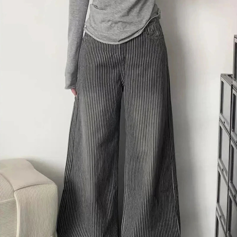 LIZAKOSHT  -  Striped Vintage Loose Jeans High Waist Streetwear Harajuku Women Casual Denim Pants American Retro Fall Winter Wide Leg Trouser