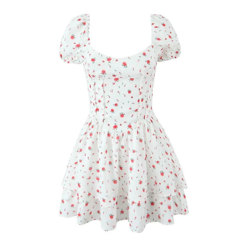LIZAKOSHT  -  Summer French Sweet Wind Strap Waist Thin Cake Layer Bubble Sleeve Dress