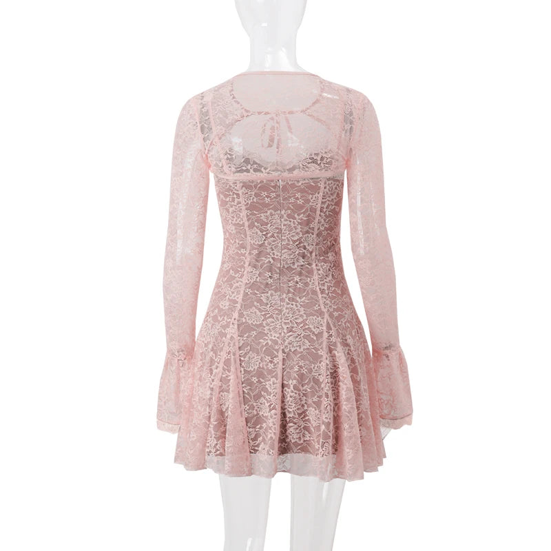 LIZAKOSHT  -  Lace Print Flare Long Sleeve Shawl Elegant Mini Dresses Sexy Pleated Bodycon Dress Evening Party Fall Y2K 2 Piece Sets
