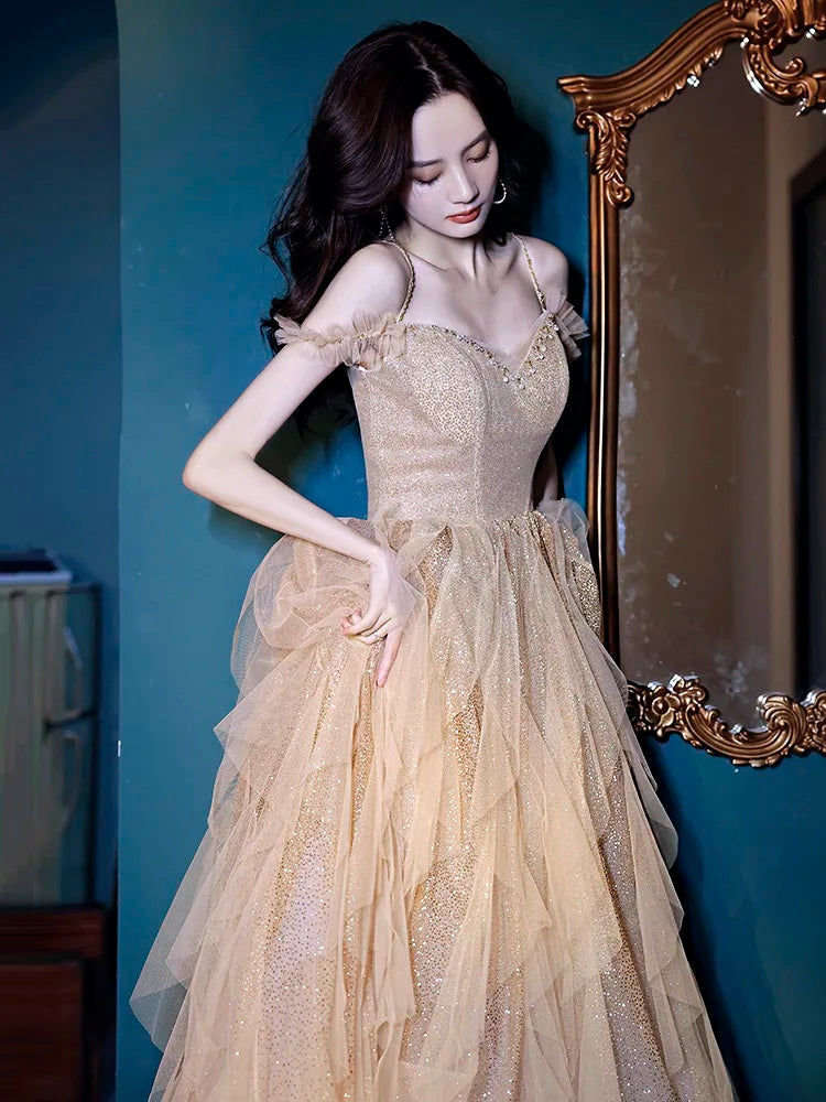 LIZAKOSHT  -  Champagme Bridesmaid Dress Boat Neck Spaghetti Straps Luxurious Shiny Sequins Pleat A-Line Banquet Ceremony Prom Evening Gowns
