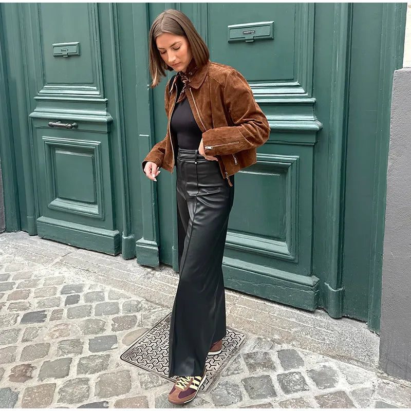 LIZAKOSHT  -  Fashion Suede Short Jackets Women Vintage Lapel Zippers Long Sleeve Pocket Jacket Coat 2025 New Autumn Winter Casual Streetwear