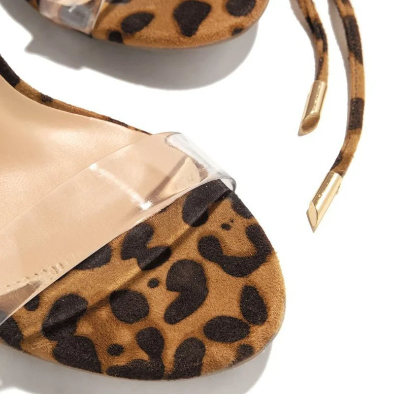 LIZAKOSHT  -  Large Size Women Sandals Summer New One-word Buckle Leopard Print Chunky High Heel Sandals for Women 35-43