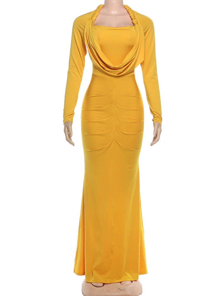 LIZAKOSHT  -  Hipster Swing Collar Long Dress Woman Full Sleeve Prom Party Casual Elegant Skinny High Stretch Midnight Ruched Vestidos