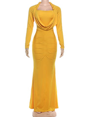 LIZAKOSHT  -  Hipster Swing Collar Long Dress Woman Full Sleeve Prom Party Casual Elegant Skinny High Stretch Midnight Ruched Vestidos