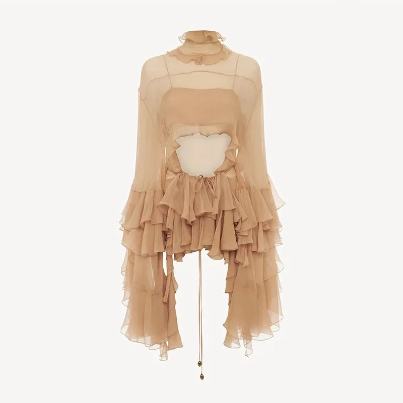 LIZAKOSHT  -  Casual Ruffle Turtleneck Shirt Skirt Women Set Solid Full Sleeve Hallow Out Top See Through Pleated Long Skirts 2025 Lady Suit