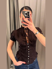 LIZAKOSHT  -  Solid Black Ruched Front Tie Blouse Puff Short Sleeve Peplum Hem Spring Romantic Women Chiffon Top Fashion Sweet Lady Shirt