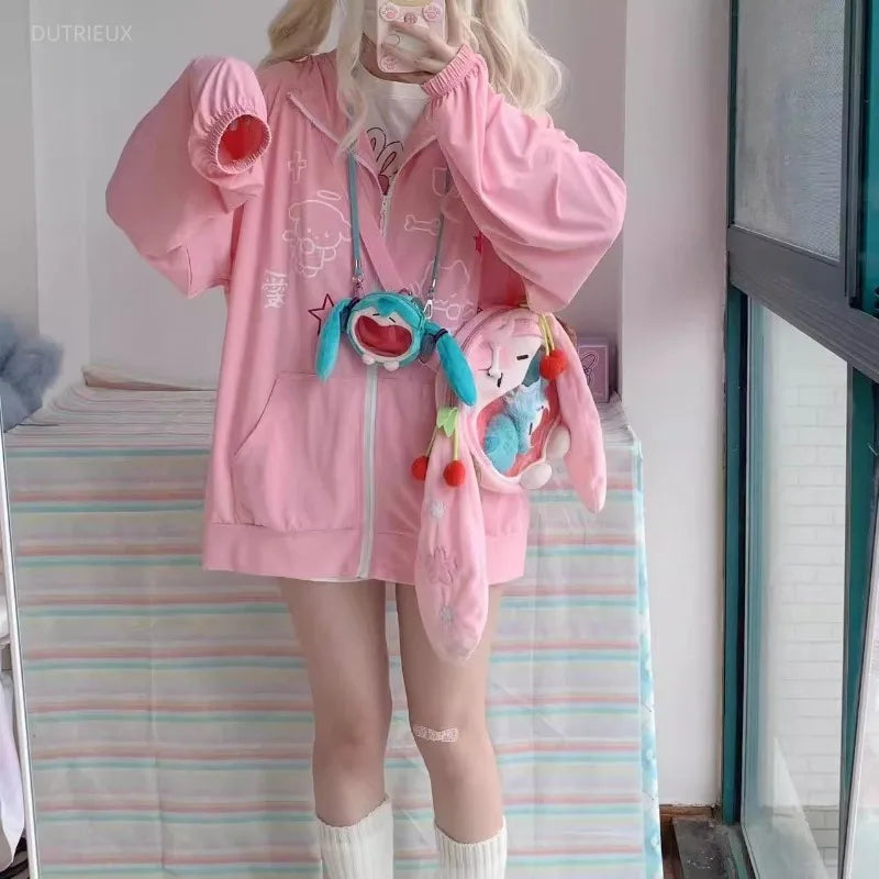 LIZAKOSHT  -  Preppy Style Japanese Women Jackets Ropa Mujer Streetwear Long Sleeve Hooded Y2k Tops Anime Print Chic Casual Cute Coat