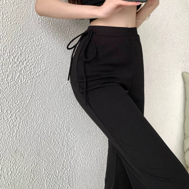 LIZAKOSHT  -  Korean Lace-up Pleated Solid Color Casual Pants Women Summer New High Street Sexy Slim Knitted Wide Leg Pants