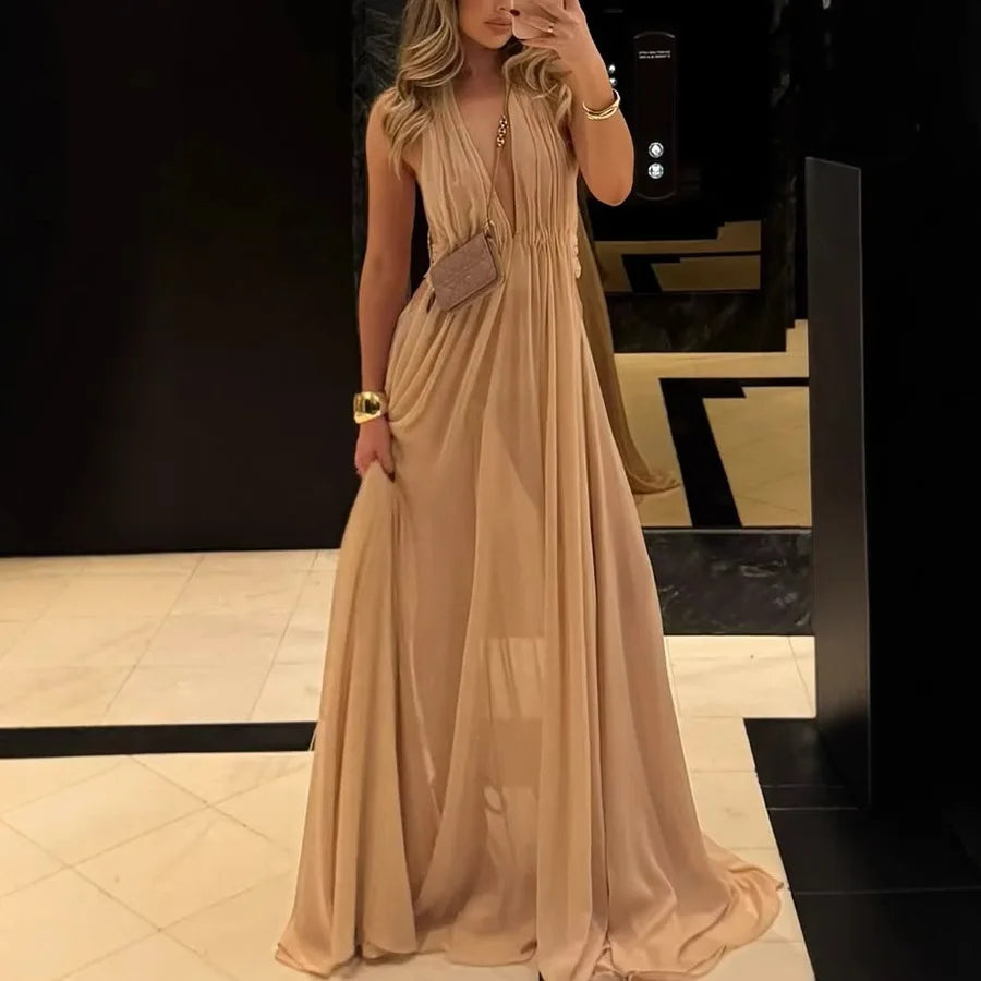 LIZAKOSHT  -  New Summer Deep V-neck Long Evening Dress with Folded Hanging Neck and backless Dress