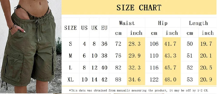 LIZAKOSHT  -  American Retro Cargo Bermuda Shorts Loose Knee Length Denim Shorts with Drawstring Y2K Aesthetic Grunge Women Jorts