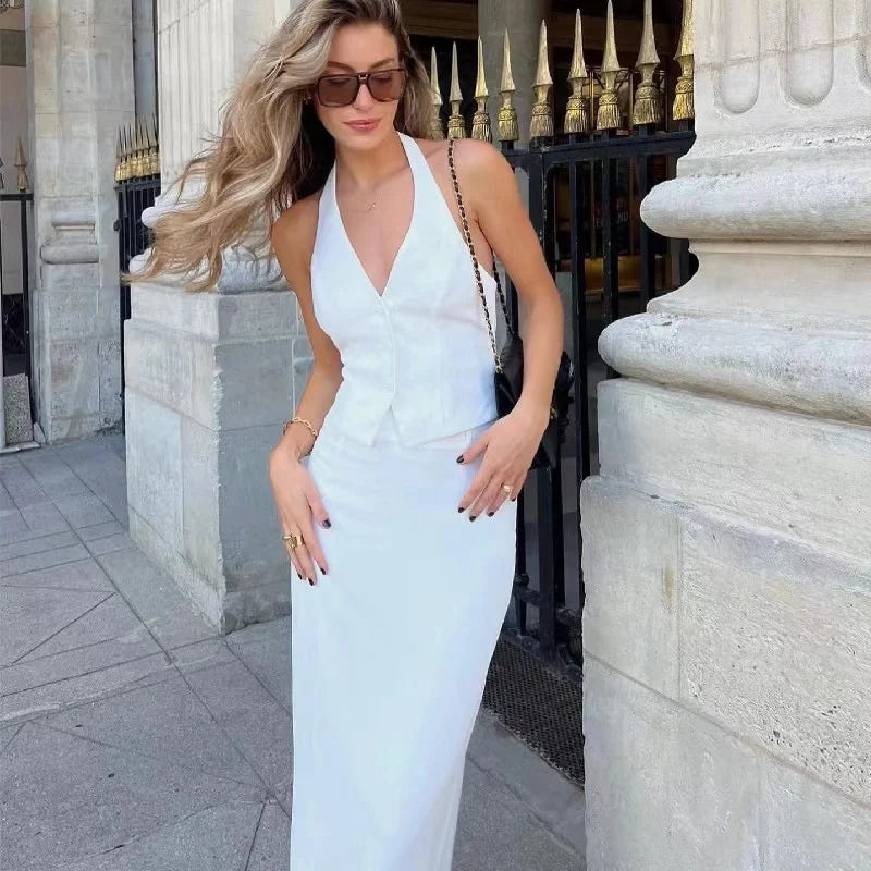 LIZAKOSHT  -  Halter Tank Top Skirt Set Women 2 Piece Single Breasted Backless Bandage Vest Split Long Skirt Matching Sets Lady Outfit