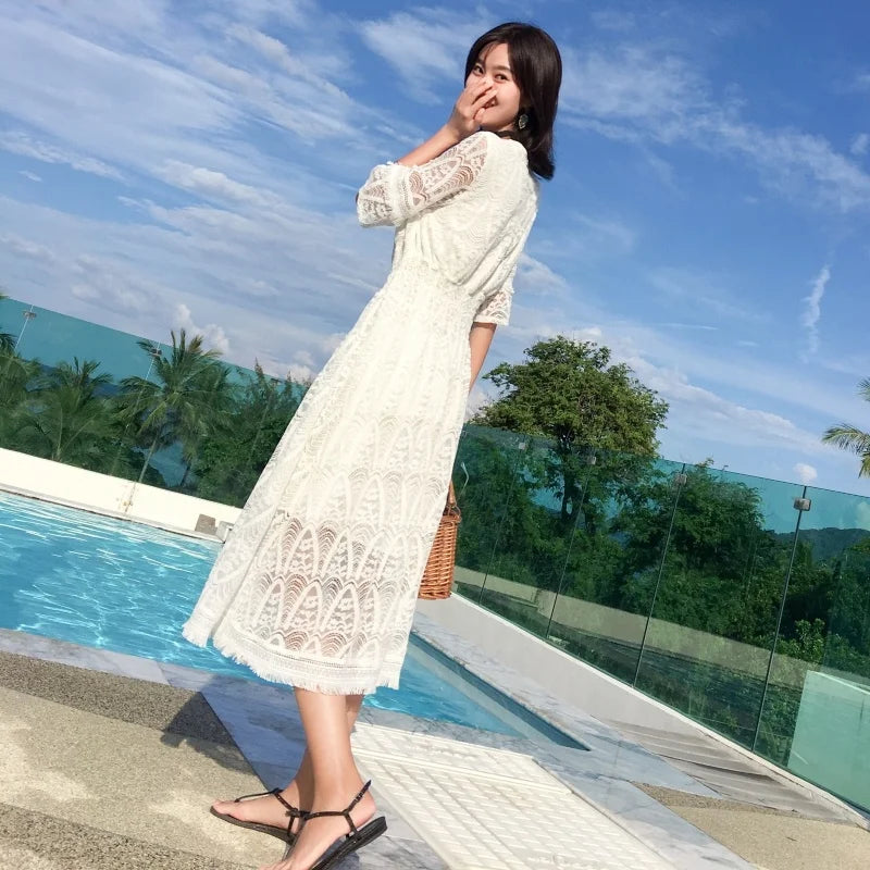 LIZAKOSHT  -  White Beach Dr Women's Summer New Orange Bellflower A-Line Midi Dr Sweet V-Ne ort Sve