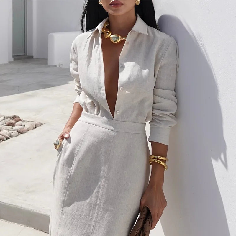 LIZAKOSHT  -  2pcs Linen T Shirt+ Long Dress Suits Office Lady Long Sleeves Elegant Dress Suits Whin Summer High Waist Loose Uniform