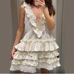 LIZAKOSHT  -  Elegant Layered Ruffle Dress Women 2025 New Summer Loose Sexy V-neck Sleeveless A-line Mini Dresses Vacation Party Evening Dress