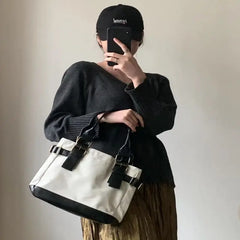 LIZAKOSHT  -  Top-Handle Bags Women Design Patchwork Canvas PU Casual Tote Handbags Harajuku All-match Cross-body Large Capacity Bag