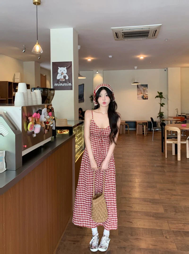 LIZAKOSHT  -  Sexy Backless Red Plaid Dress Women Summer Sweet Skinny Spaghetti Strap Dress Pretty Style Chic Elegant Party Night Vestidos