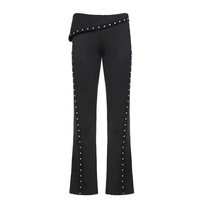 LIZAKOSHT  -  Personality Low Sken Waist Lrregular High Street Women Pant Y2k Gothicn High Street Rivet Nail Long Flare Pants Casual Trousers