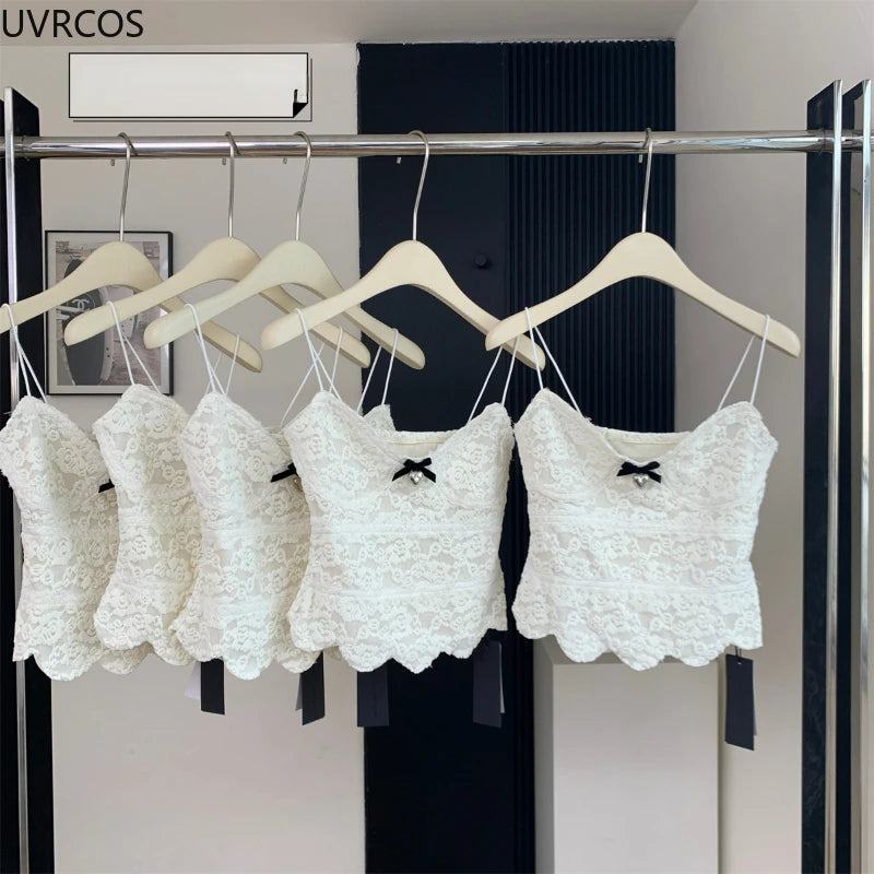LIZAKOSHT  -  Kawaii Cute Lolita Style White Vest Women Vintage Elegant Lace Bow Camisole Crop Top Female Korean Casual Sweet Slim Fairy Tanks