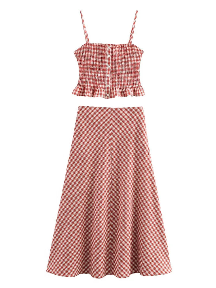 LIZAKOSHT  -  Plaid Vintage Summer Skirt Set for Women Spring Casual New in Dress Set 2 Pieces Red Midi Dress Beach Matching Set