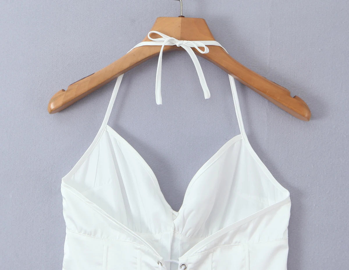 LIZAKOSHT  -  Sexy White Satin Bow Halter V neck Open Hook Buttons Slim Tank Top Women Cross Lacing Up Bandage Back Backless Tee Summer Vest