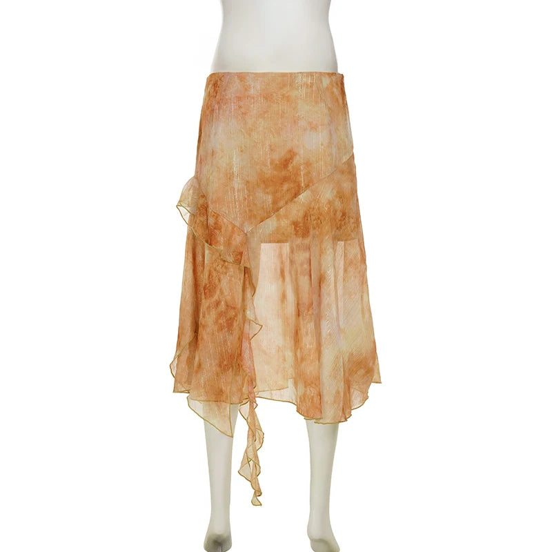 LIZAKOSHT  -  Vintage Smudged  Print Chiffon Skirt Harajuku Women Low-waist Asymmetrical Skirt Summer Clothes Boho Vacation wear 2026