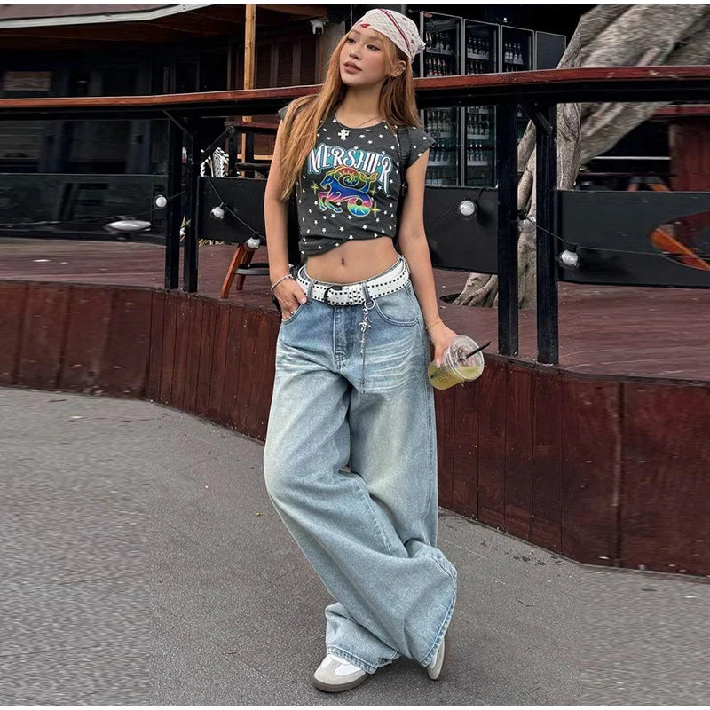 LIZAKOSHT  -  Women's Jeans Vintage Printed High Waist Zipper Pockets Straight Leg Trousers Female Spring Fashion Woman Clothes Outwears