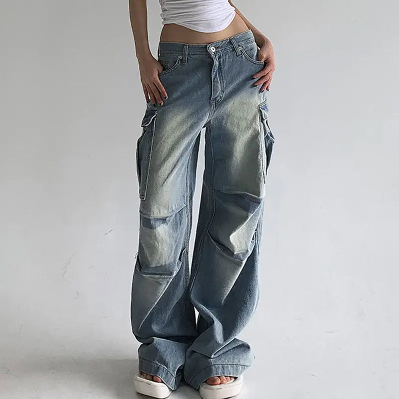 LIZAKOSHT  -  Cargo Pants Multiple Pockets Low Waist Baggy Wide Leg Women Casual Oversized Straight Jeans Streetwear Trousers