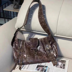 LIZAKOSHT  -  Y2k Punk Womens Shoulder Bag Casual Large Capacity Casual Leather Vintage Tote Bag Literary Advanced Luxury Female Handbag