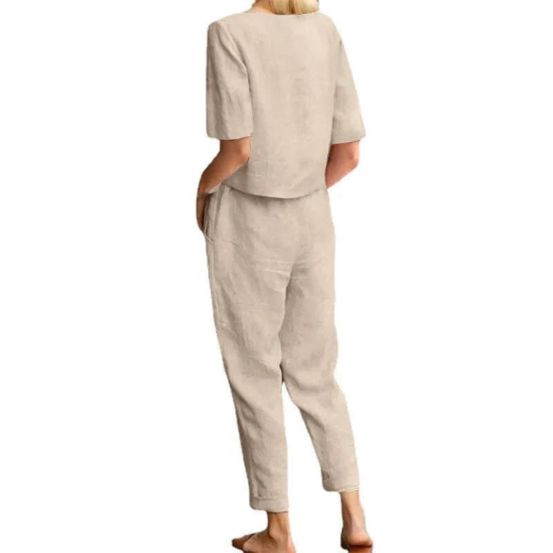 LIZAKOSHT  -  Casual Elegant Ladies 2 Piece Sets Fashion Spring Cotton Linen Women's Tracksuit Suit Long Sleeve Top Loose Pants Set Female