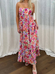 LIZAKOSHT  -  Elegant Off-Shoulder Maxi Dress with Boho Floral Print and Lace-Up Back Detail for Summer Wedding Party or Vacation Beachwear