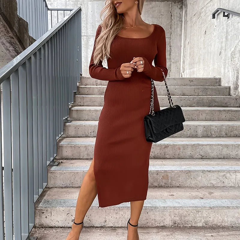 LIZAKOSHT  -  Women Fashion U-neck Hight Waist Wrap Hip Dress Casual Long Sleeve Split Solid Party Dress Autumn Winter Elegant Rib Long Dress