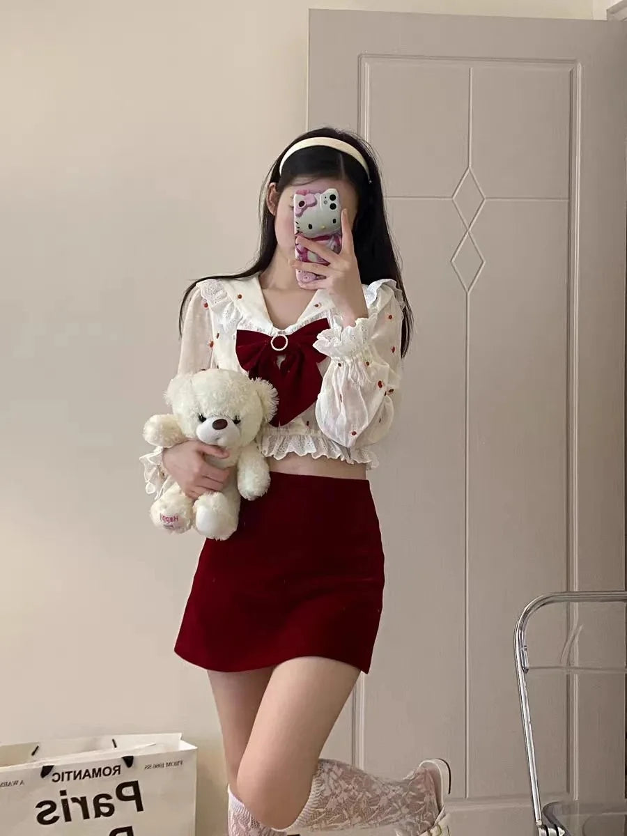 LIZAKOSHT  -  Autumn Korea Women 2PCS Skirt Suit Sweet Bow Polka Dot Long Sleeve Blouse+ High Waist A Line Mini Red Skirt Party Club Outfits