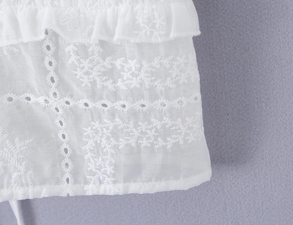 LIZAKOSHT  -  Sweet White Embroidery Hollow out Flower Lace Short Puff Sleeve Shirt Women Peter Pan Collar Lacing Up Tie Bow Front Crop Tops