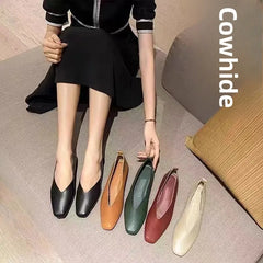 LIZAKOSHT  -  Women's Genuine Leather Shoes Soft Bottom Slip-On High Heels Spring Summer Season Square Head Versatile Mid Heel Casual Shoes