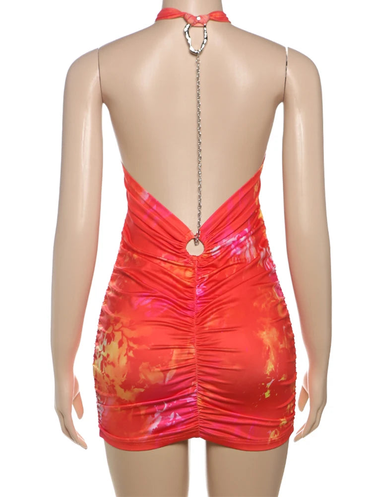 LIZAKOSHT  -  Sexy Halter Women Mini Dress Coquette Hot Swinging Neck Cleavage Backless Bodycon Female Stunning Tie Dye Festival Frock