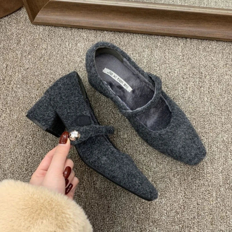 LIZAKOSHT  -  Autumn Winter New Korean Version French Light Luxury Retro Niche Design High-heeled Square Plush Single Shoes Women's Shoes