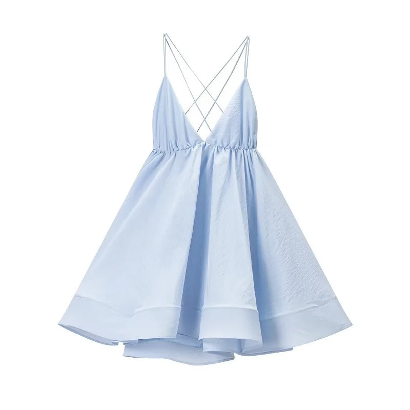 LIZAKOSHT  -  Vacation Beach Dress For Women Summer Sexy Deep V Neck Loose Solid Camisole Dresses Fashion Bandage Backless Ruffle Party Dress
