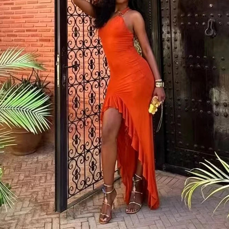 LIZAKOSHT  -  Elegant Sleeveless Hight Split Formal Party Dress Women Fashion Draped Solid Long Dress Sexy Slanted Shoulder Ruffled Edge Gown