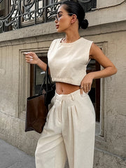 LIZAKOSHT  -  Summer Womem Fashion Round Neck Sleeveless Top Pants Suit Two-Piece Set Office Ladies Chic Pants Suits Womens Outfits