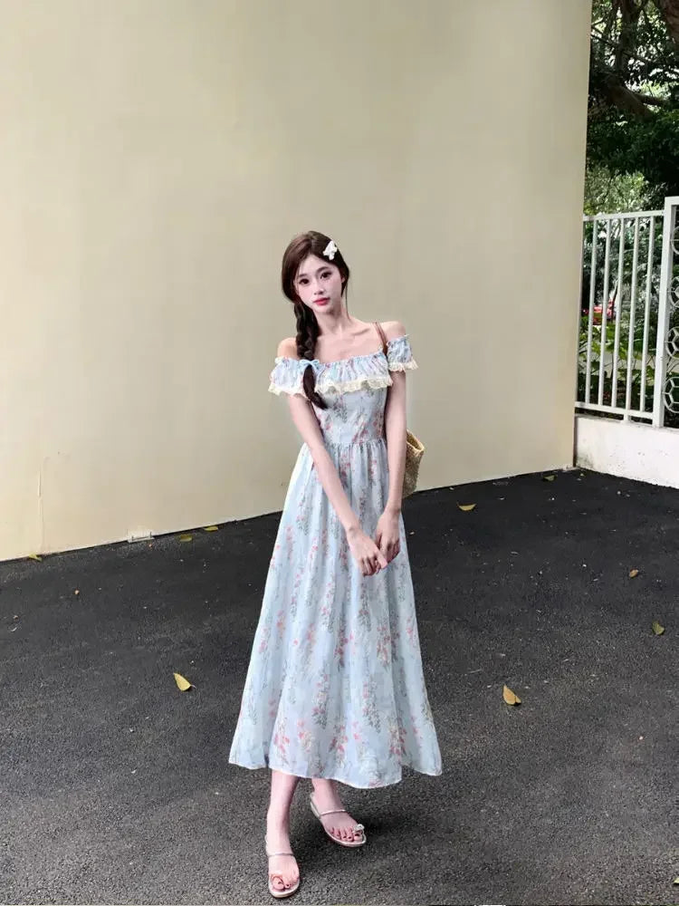 LIZAKOSHT  -  Beautiful Lace Square Neck Small Flying Sleeve Floral Dress with Temperament Waist-hugging and Slimming A-line Long Skirt