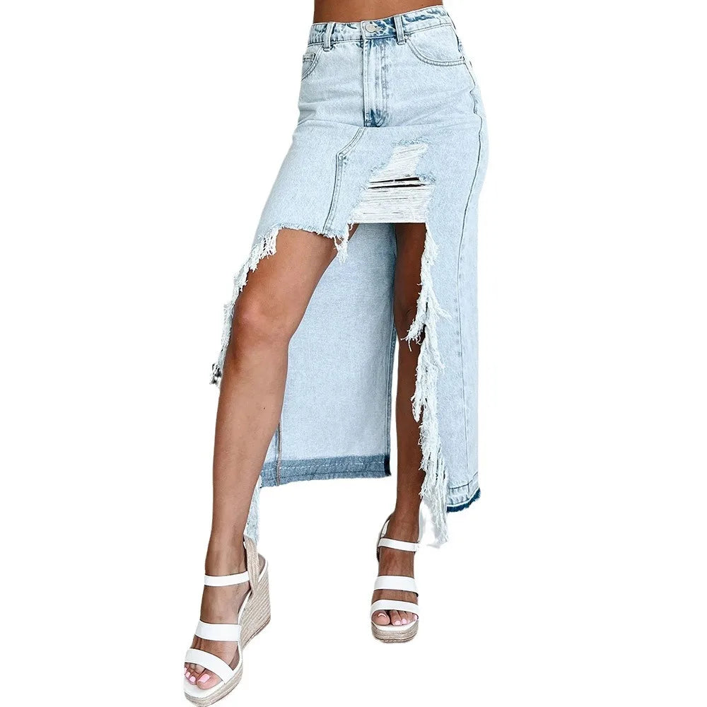 LIZAKOSHT  -  High Waist Ripped Raw Hem Denim Skirt, Split Bodycon Midi Skirts Spring Summer