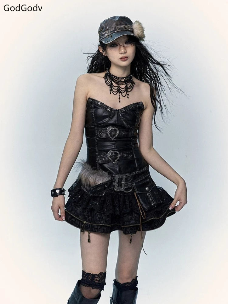 LIZAKOSHT  -  Spring Gothic Vintage Skinny Dark Punk 2 Piece Sets Women Hot Girl Y2k Slim Tops +Ruffle Design Mini Skirt Female Chic Outfits