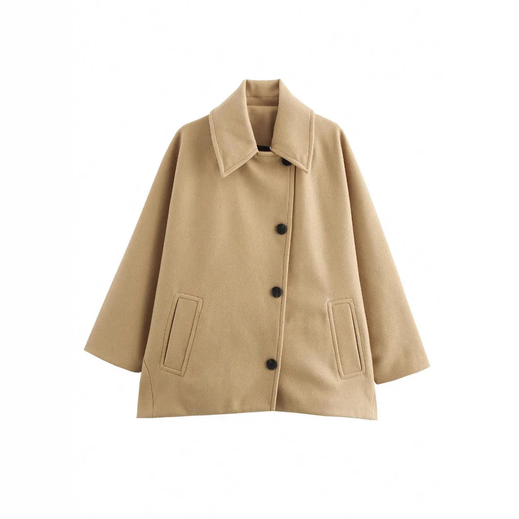 LIZAKOSHT  -  Elegant Single Breasted Wool Jacket Women Burgundy Loose Lapel Long Sleeve Pocket Female Coat 2025 Autumn Solid Commute Outwear