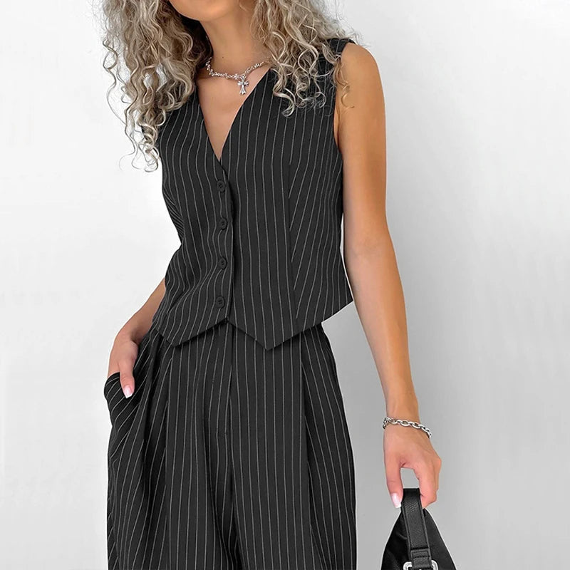 LIZAKOSHT  -  Office Lady Summer Striped Solid V Neck Buttons Sleeveless T-shirt and High Waist Wide Leg Pants Two Piece Sets For Women