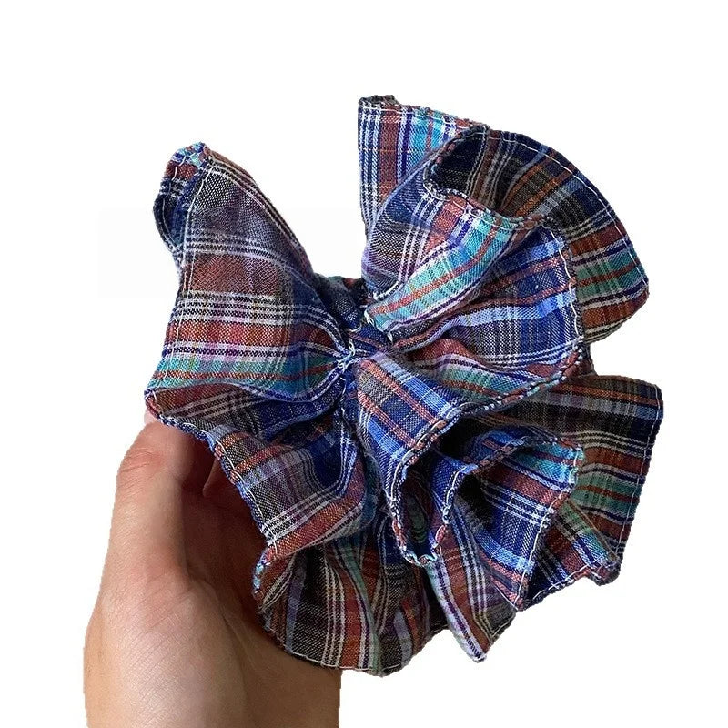LIZAKOSHT  -  1PC Navy Blue Plaid Double-Layer Large Intestine Hair Scrunchie for Women - Elegant Hair Tie for Buns, Side Low Ponytails